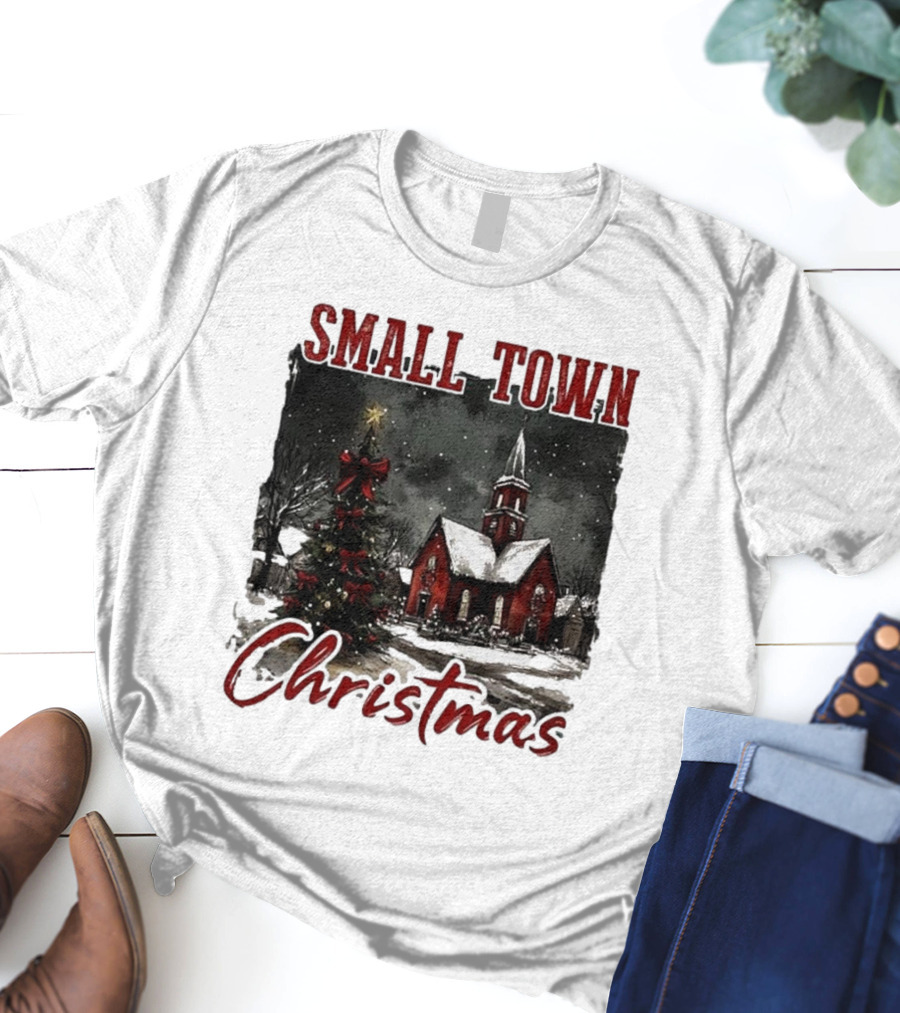 Vintage Retro Small Town Christmas Church Scene T-Shirt