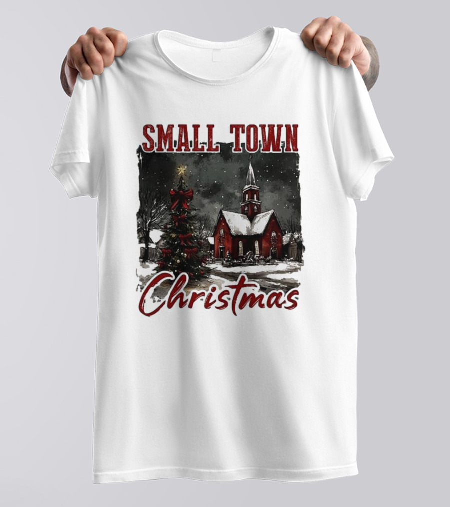 Vintage Retro Small Town Christmas Church Scene T-Shirt