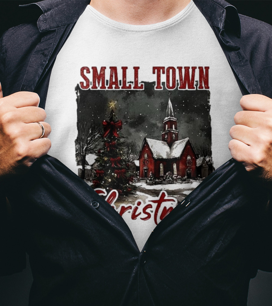 Vintage Retro Small Town Christmas Church Scene T-Shirt