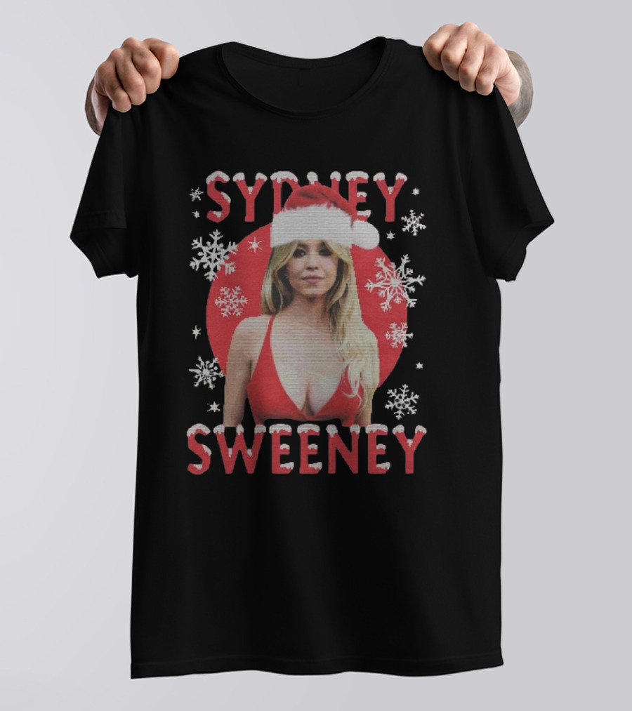 Sydney Sweeney Santa Hat Christmas Snowflakes Red Circle T-Shirt