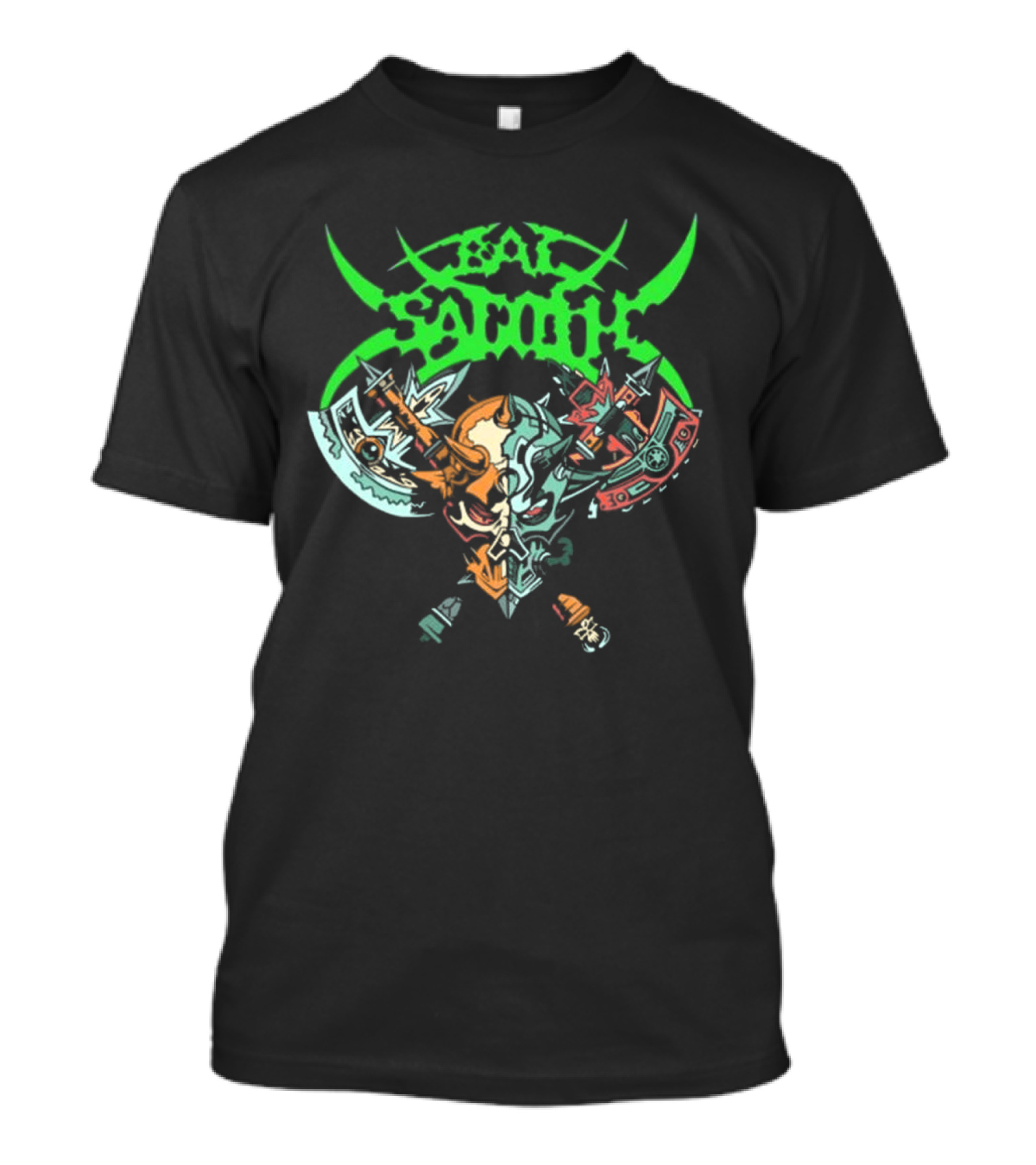 Bal-Sagoth Sigil Dual Skull With Swords And Axes Green And Red T-Shirt