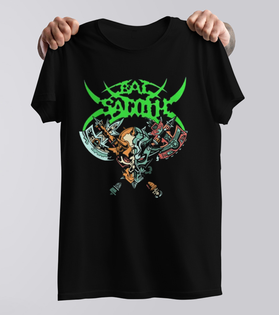 Bal-Sagoth Sigil Dual Skull With Swords And Axes Green And Red T-Shirt