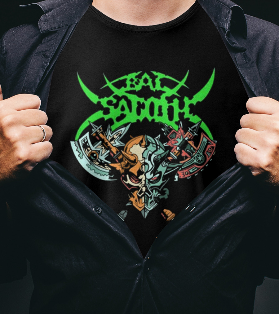 Bal-Sagoth Sigil Dual Skull With Swords And Axes Green And Red T-Shirt