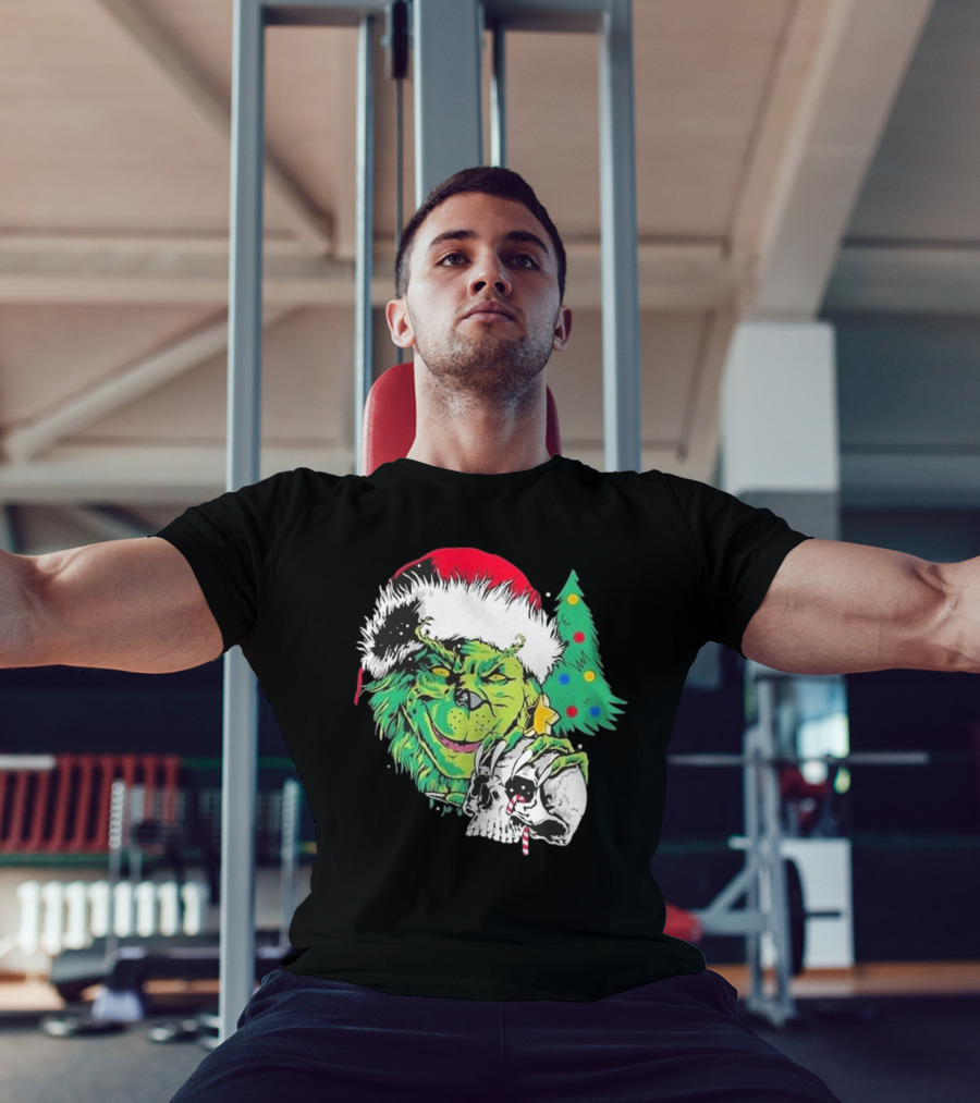 Grinch Santa Hat Skull Christmas Tree Scene T-Shirt
