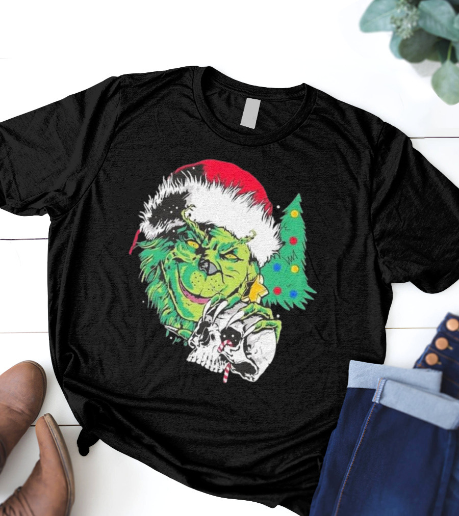 Grinch Santa Hat Skull Christmas Tree Scene T-Shirt