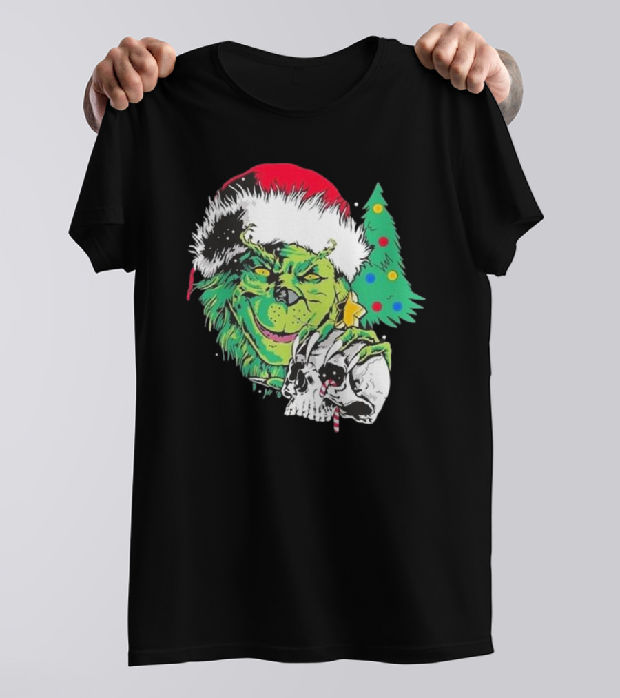 Grinch Santa Hat Skull Christmas Tree Scene T-Shirt