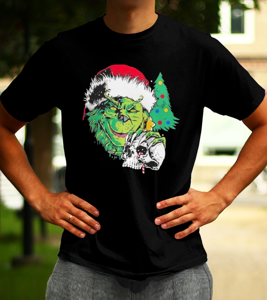 Grinch Santa Hat Skull Christmas Tree Scene T-Shirt