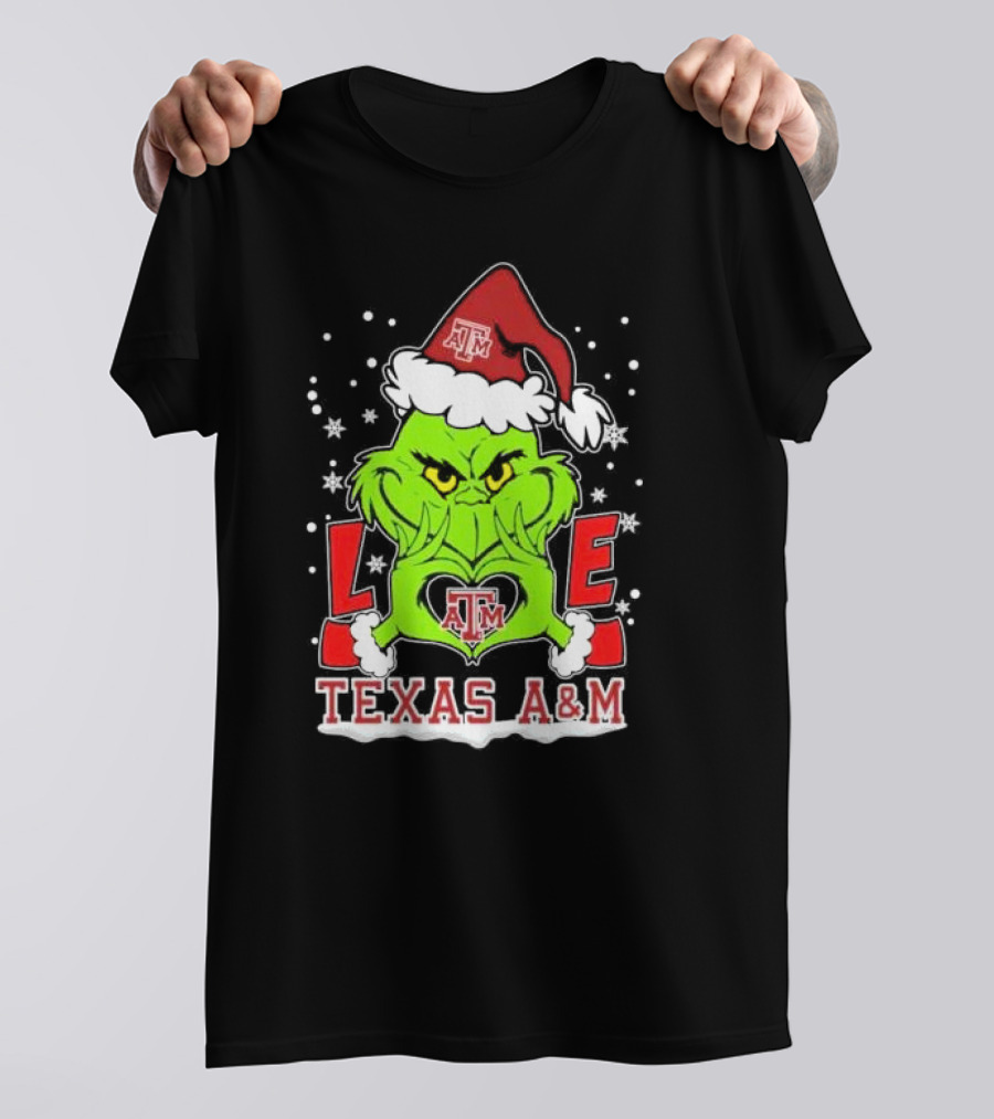 Grinch Heart Hands Love Texas A&M Aggies Christmas Santa Hat T-Shirt