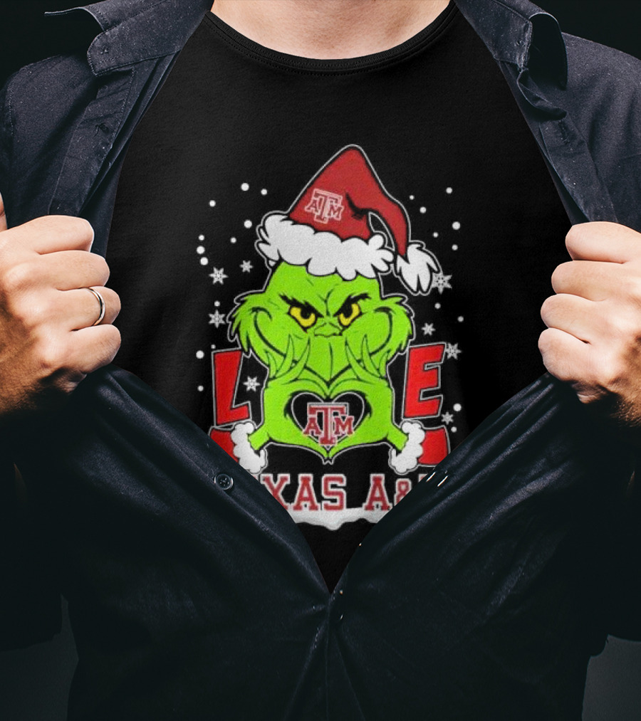 Grinch Heart Hands Love Texas A&M Aggies Christmas Santa Hat T-Shirt