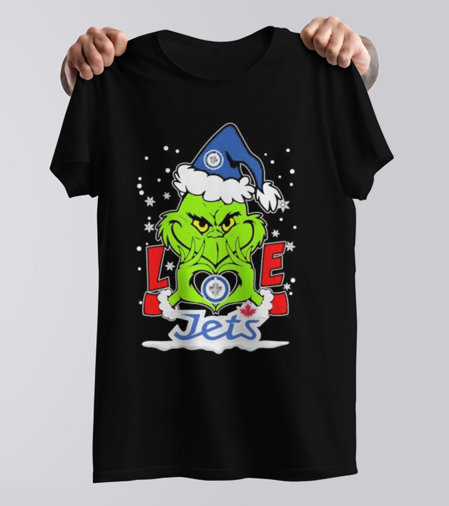 Grinch Heart Hands Love Winnipeg Jets Christmas Santa Hat Snowflakes T-Shirt