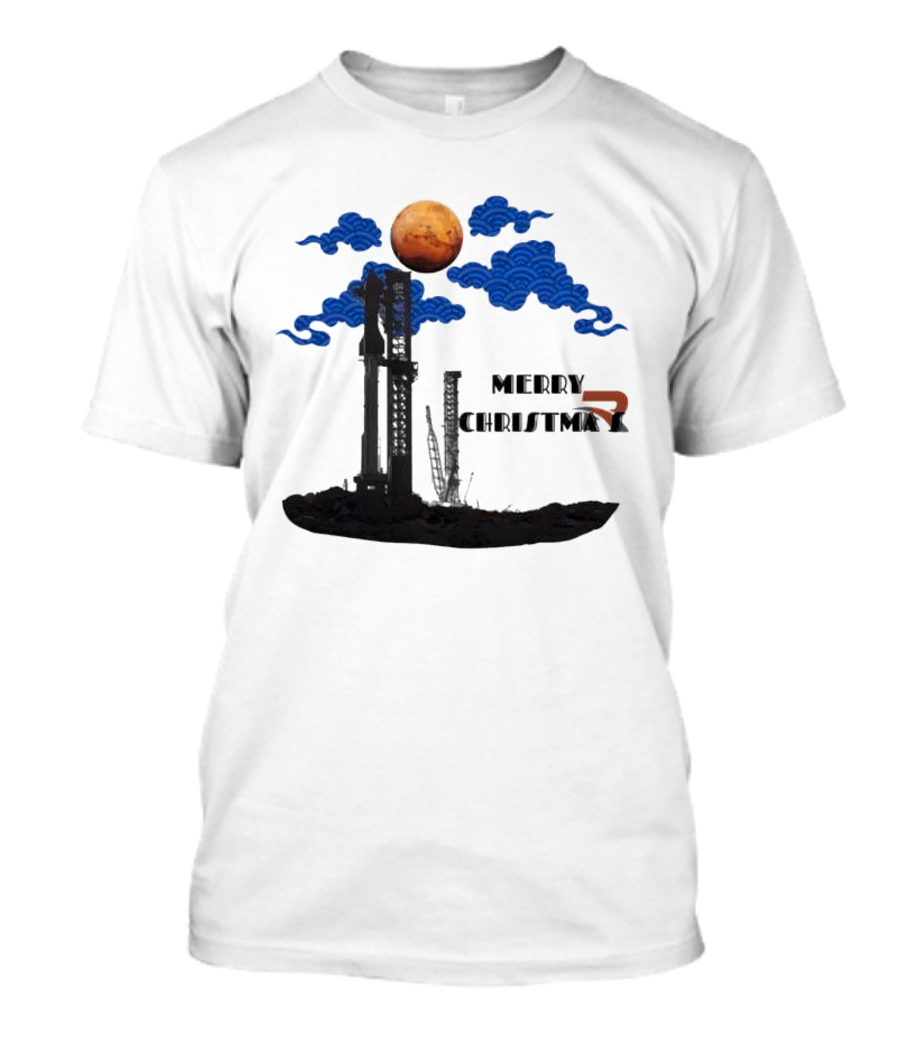 Merry Christmas Mars Rocket Mars Planet Blue Clouds T-Shirt