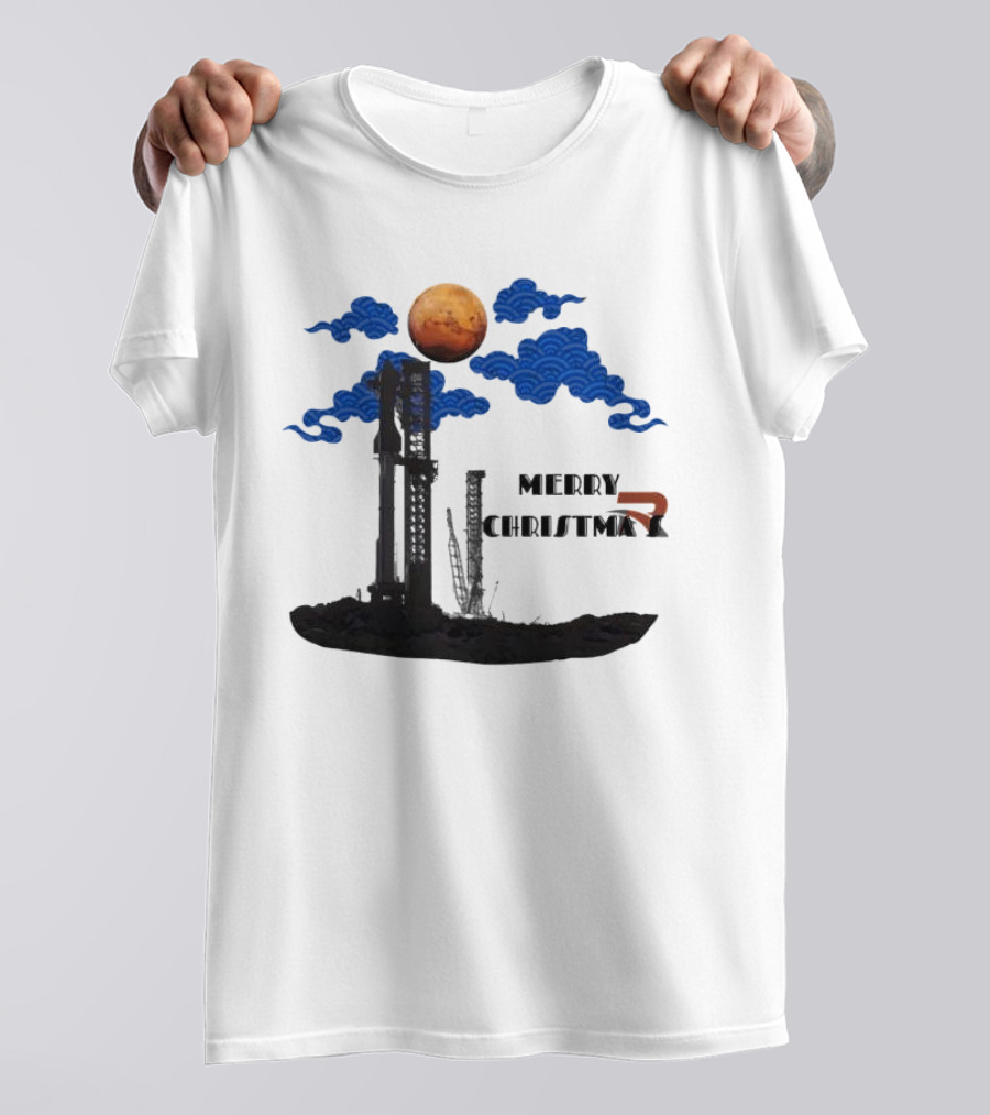 Merry Christmas Mars Rocket Mars Planet Blue Clouds T-Shirt