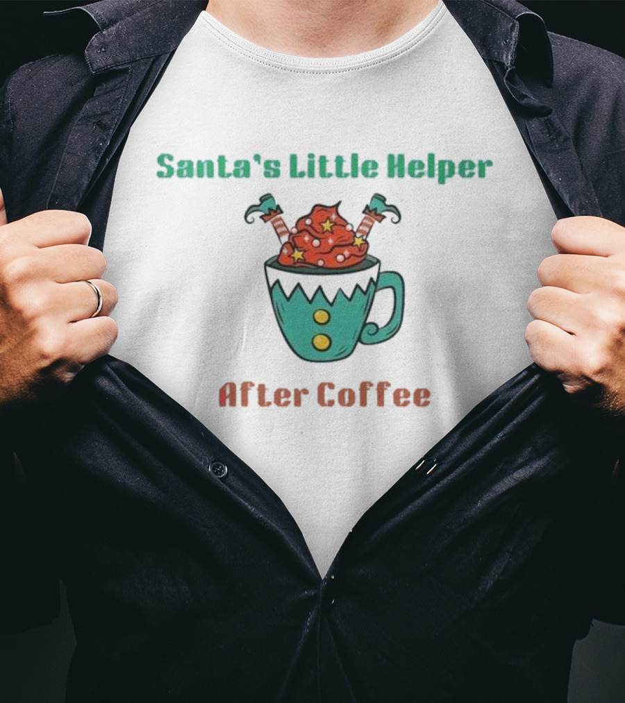 Santa's Little Helper After Coffee Christmas Mug With Candy Canes And Stars T-Shirt