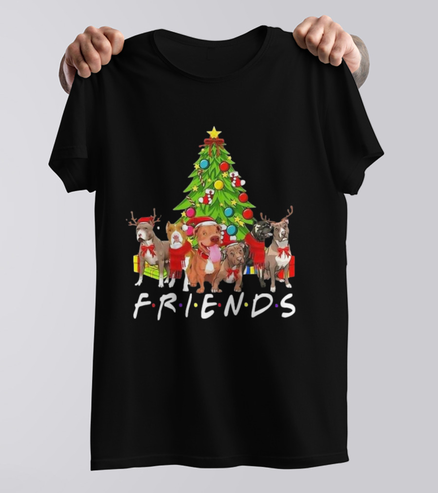 FRIENDS Christmas Tree With Pitbulls In Festive Scarf And Antlers T-Shirt