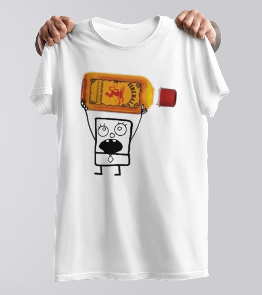 Doodlebob Fireball Whiskey Character Holding Iconic Liquor Bottle T-Shirt
