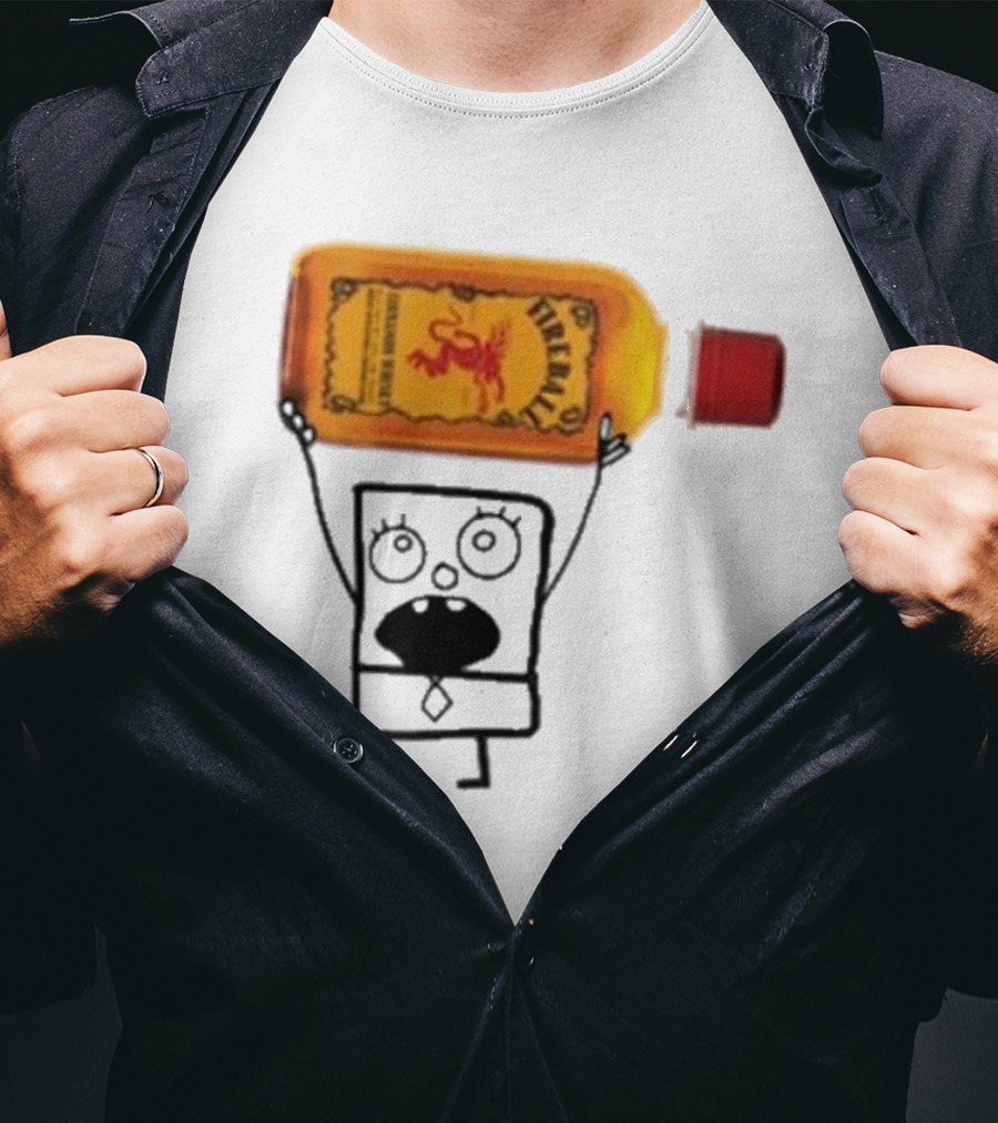 Doodlebob Fireball Whiskey Character Holding Iconic Liquor Bottle T-Shirt