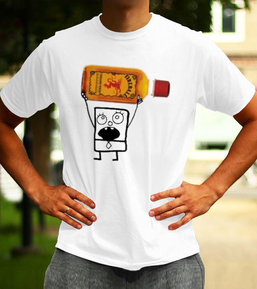 Doodlebob Fireball Whiskey Character Holding Iconic Liquor Bottle T-Shirt