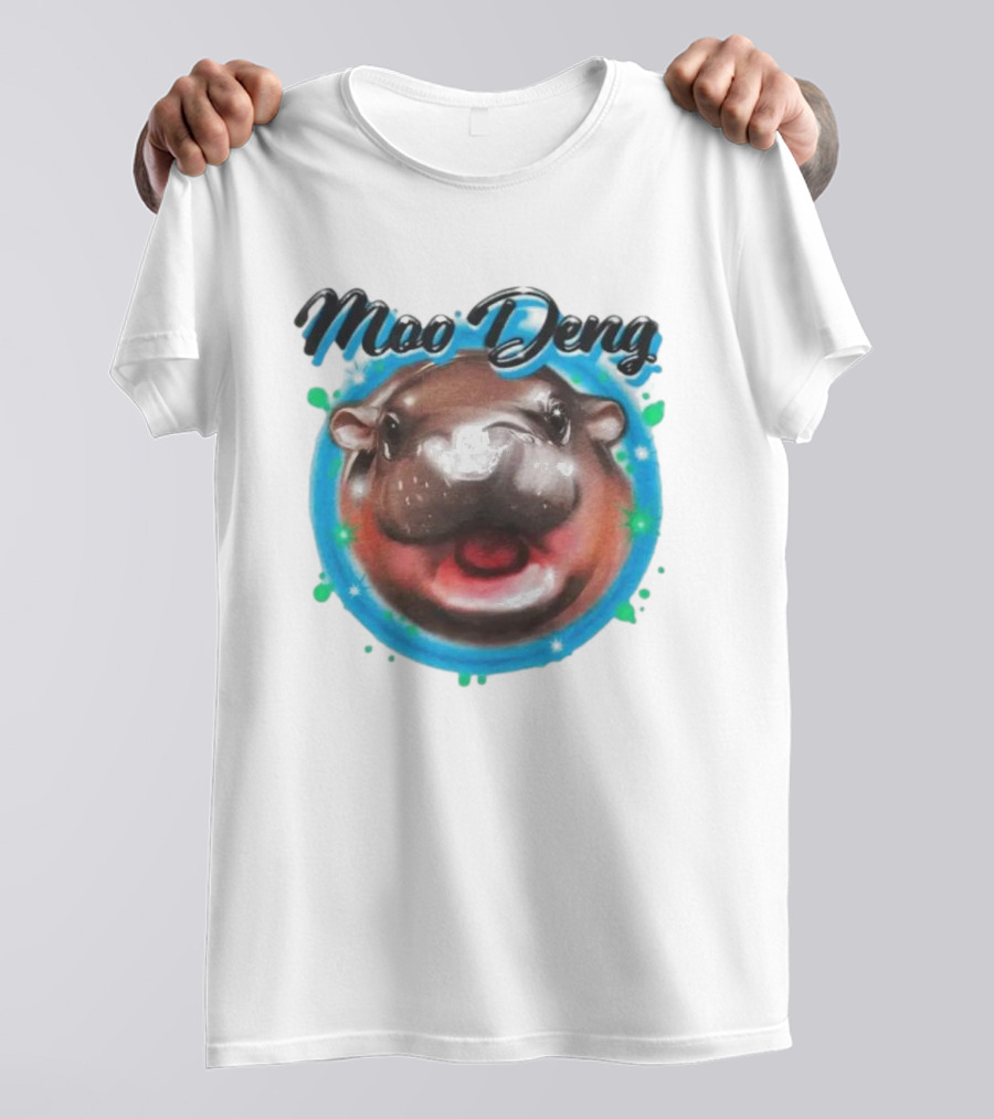Moo Deng Cute Hippo Face With Blue Background T-Shirt