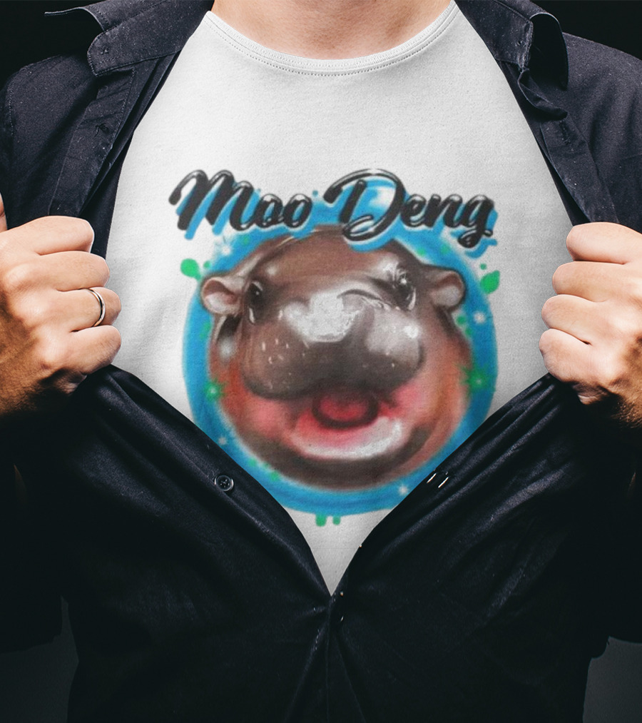 Moo Deng Cute Hippo Face With Blue Background T-Shirt