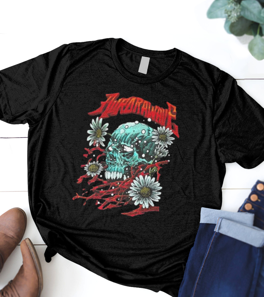 Aurora Wave Skull With Flowers And Red Vines T-Shirt