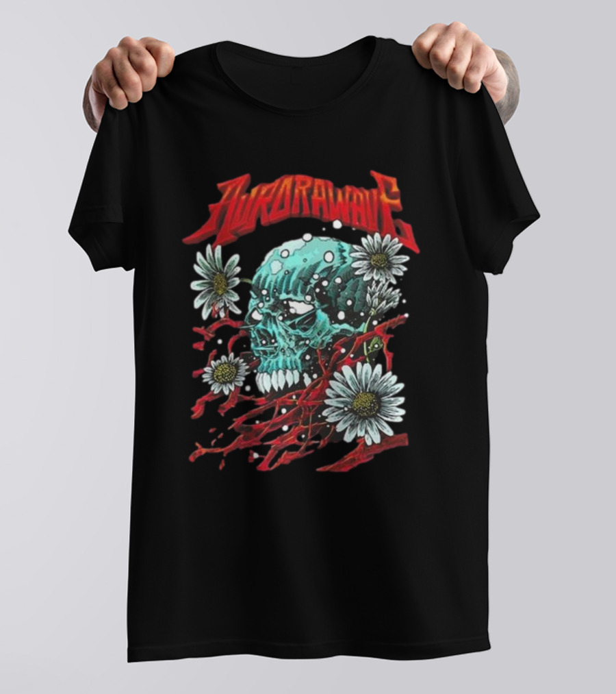 Aurora Wave Skull With Flowers And Red Vines T-Shirt