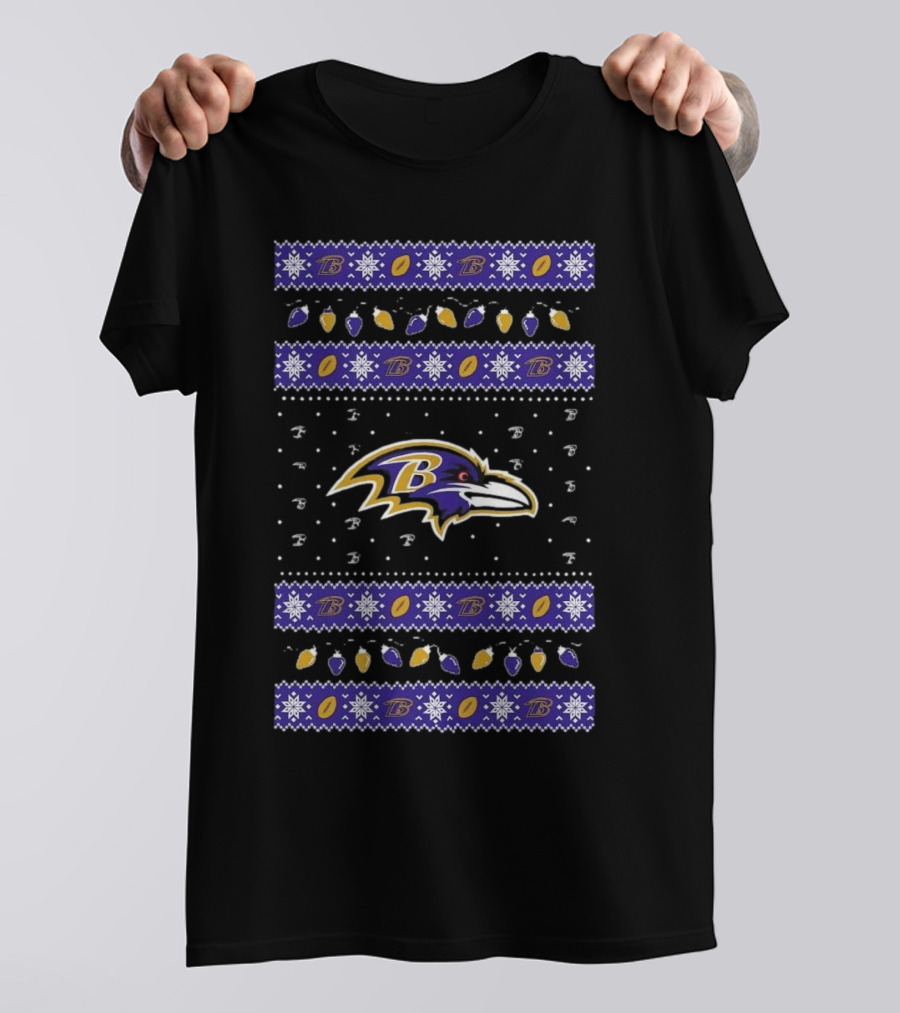 Baltimore Ravens NFL Festive Ugly Sweater Holiday Lights Christmas T-Shirt
