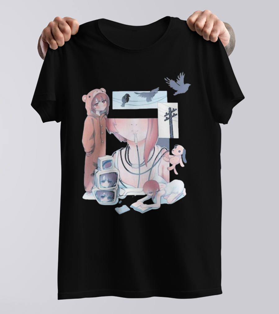 Serial Experiments Lain Wired Bear Monitors And Flock Of Birds T-Shirt