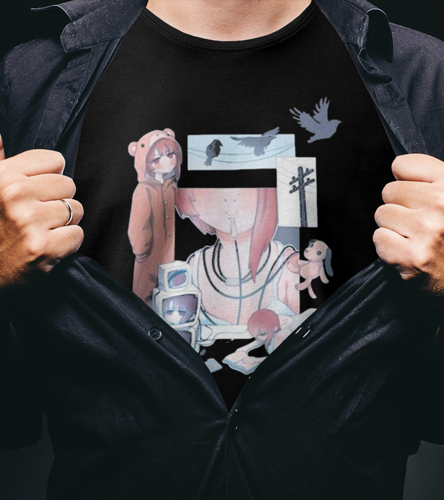 Serial Experiments Lain Wired Bear Monitors And Flock Of Birds T-Shirt