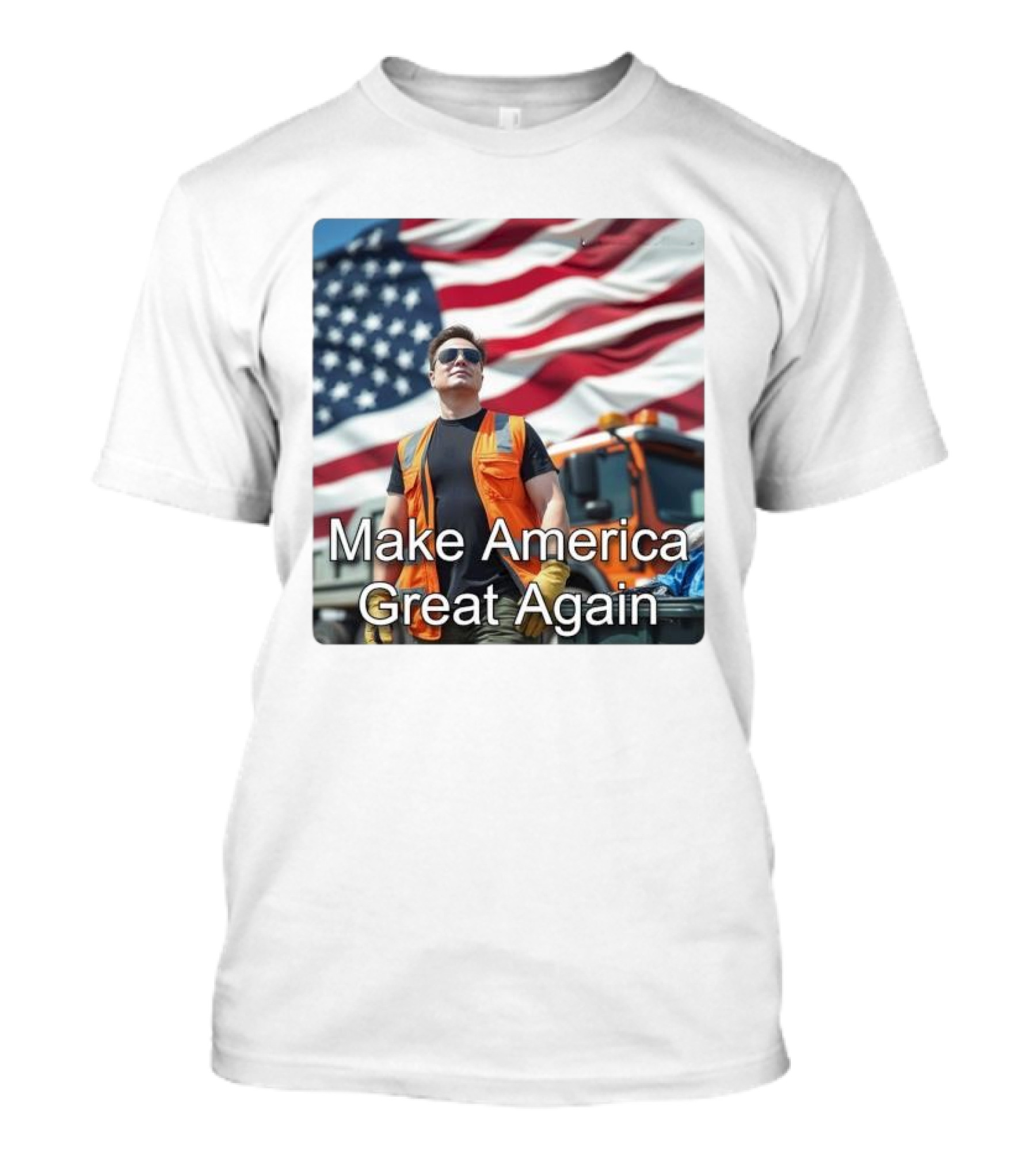 Make America Great Again Elon Musk In Orange Vest With American Flag Background T-Shirt