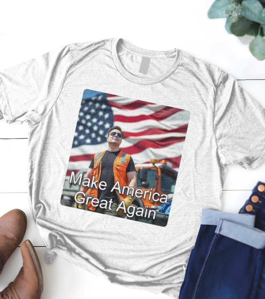 Make America Great Again Elon Musk In Orange Vest With American Flag Background T-Shirt