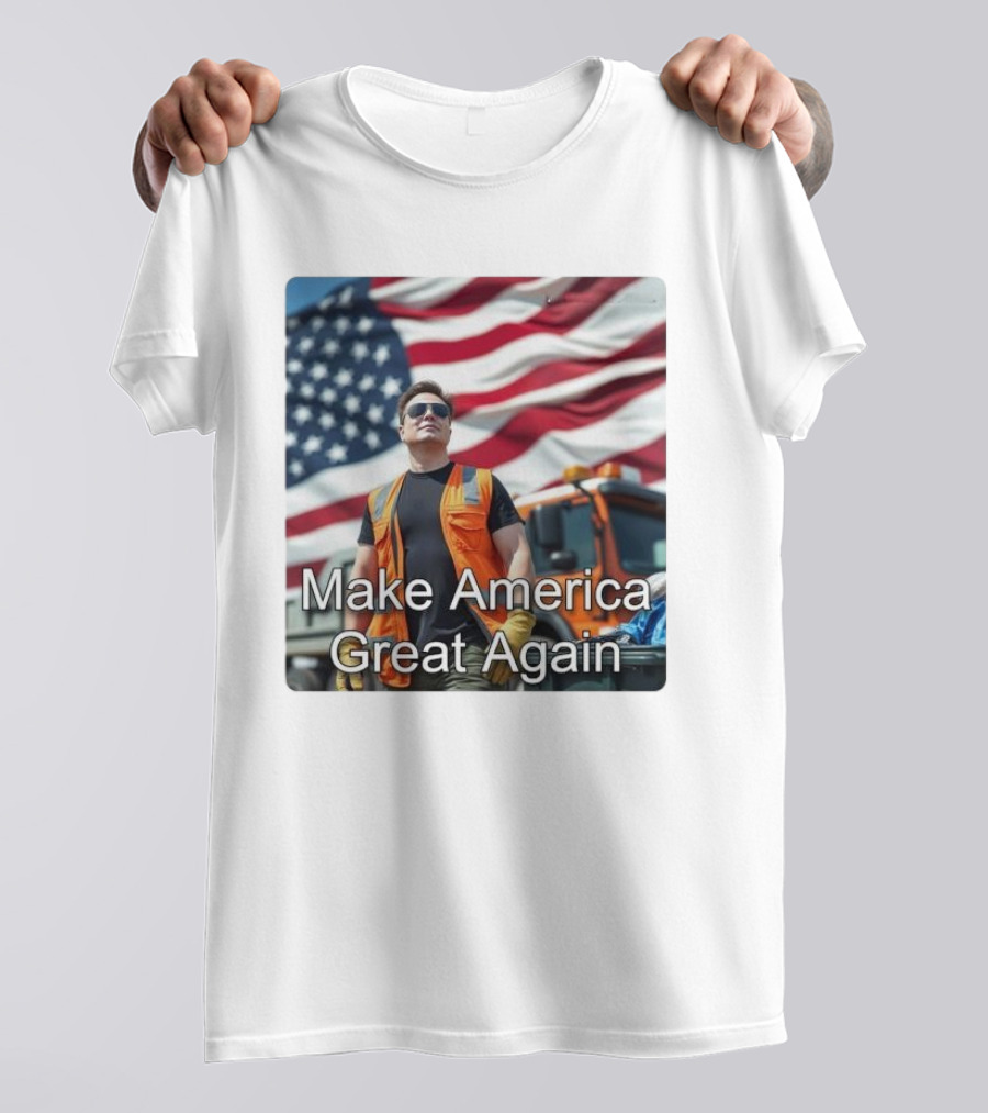 Make America Great Again Elon Musk In Orange Vest With American Flag Background T-Shirt