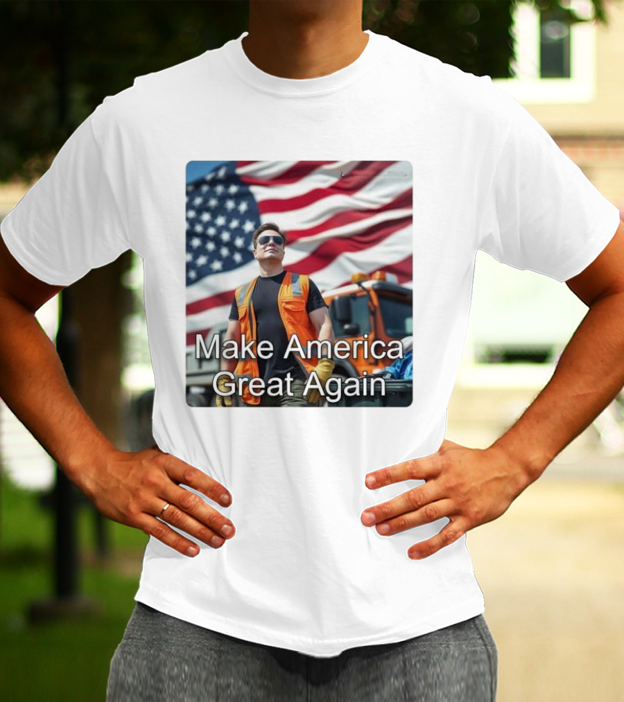 Make America Great Again Elon Musk In Orange Vest With American Flag Background T-Shirt