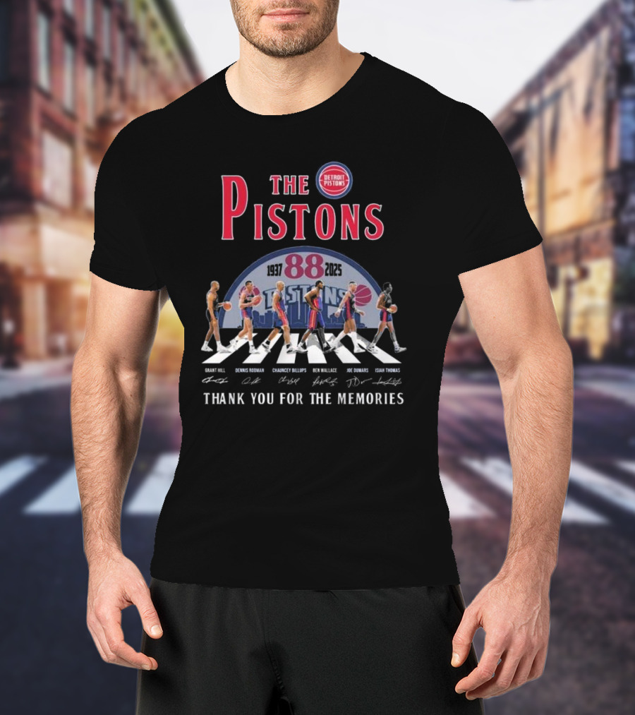 The Pistons 88 1937-2025 Thank You For The Memories Walking Signatures Grant Hill Dennis Rodman Chauncey Billups Ben Wallace Joe Dumars Isiah Thomas T-Shirt