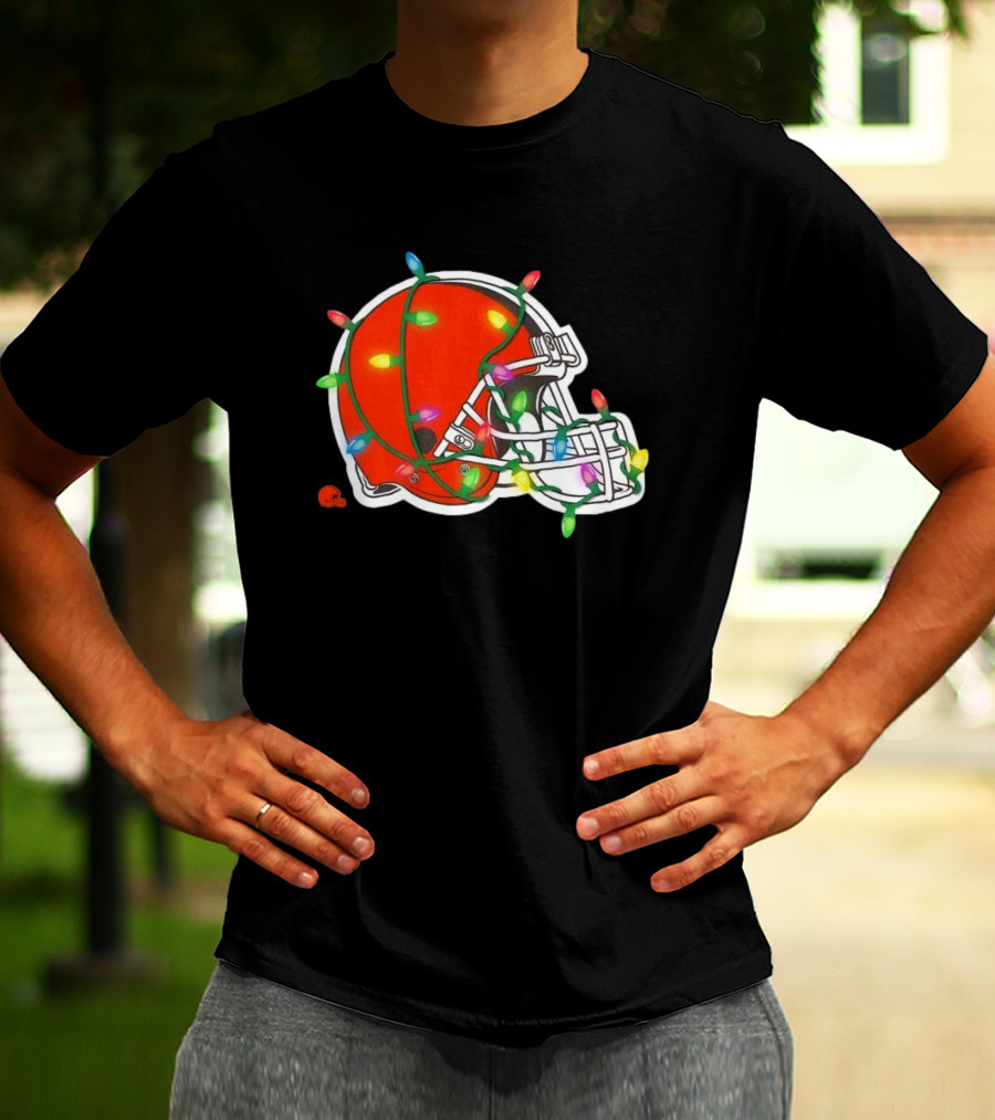 Cleveland Browns Helmet Wrapped In Holiday Lights T-Shirt