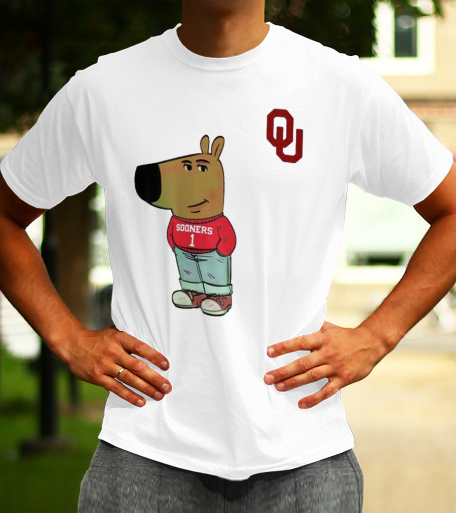 Oklahoma Sooners Chill Guy Cartoon Mascot Standing With OU Logo T-Shirt