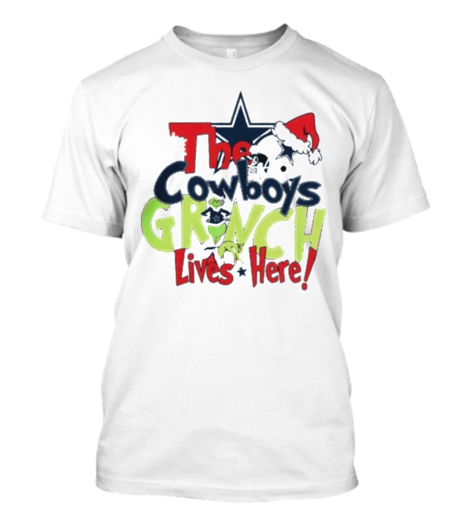 The Cowboys Grinch Lives Here Santa Hat Christmas T-Shirt