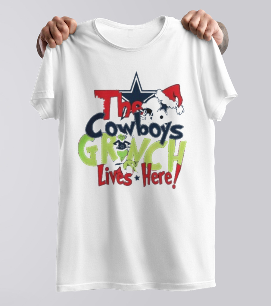 The Cowboys Grinch Lives Here Santa Hat Christmas T-Shirt