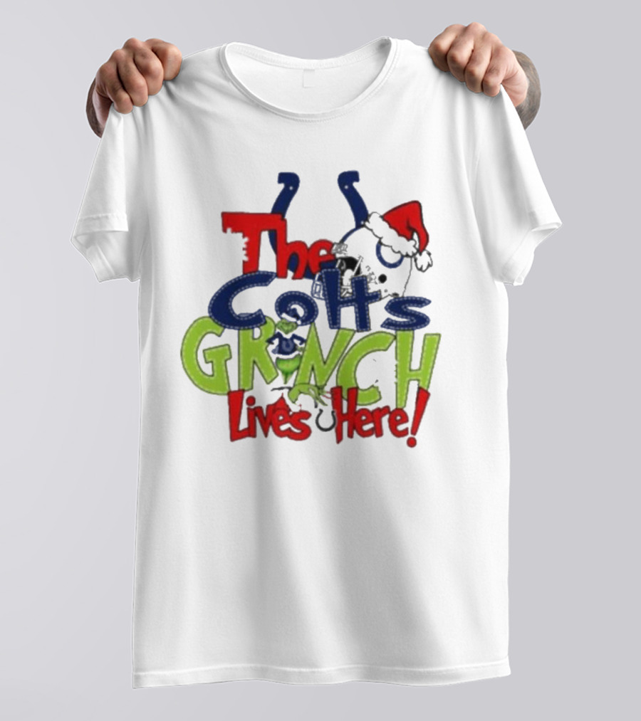 The Indianapolis Colts Grinch Lives Here Christmas Santa Hat T-Shirt