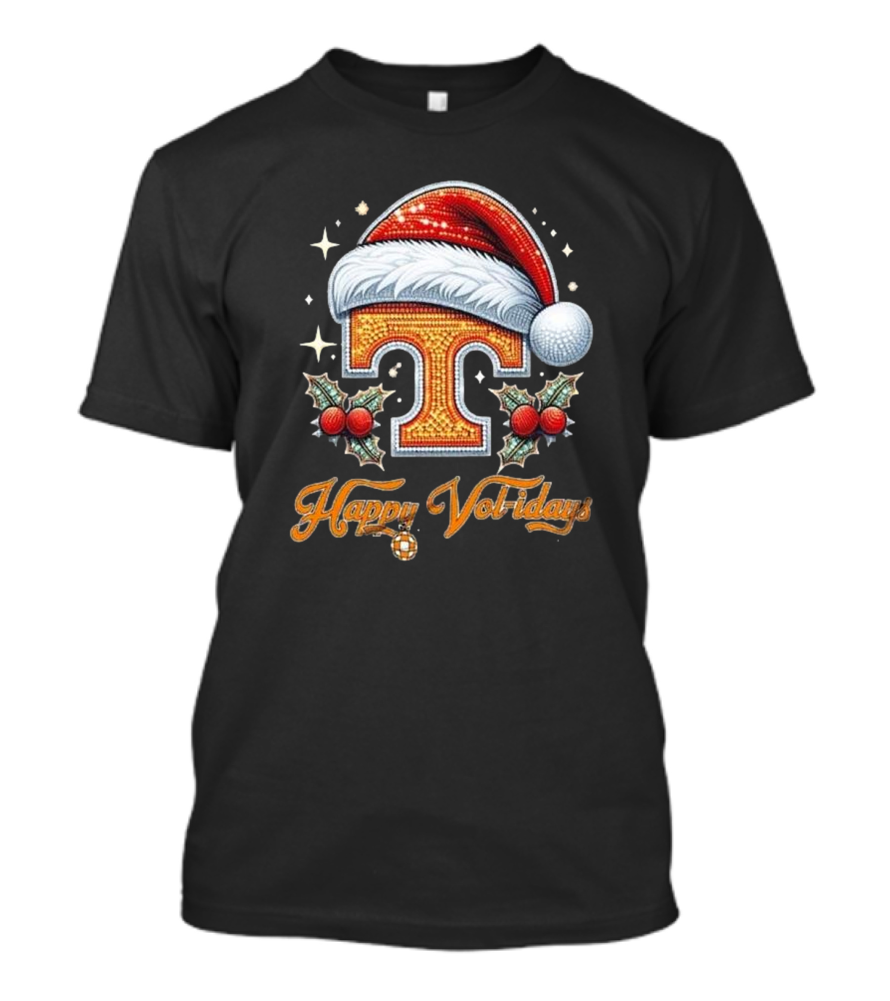 Happy Vol-idays Santa Hat T With Holly And Stars T-Shirt