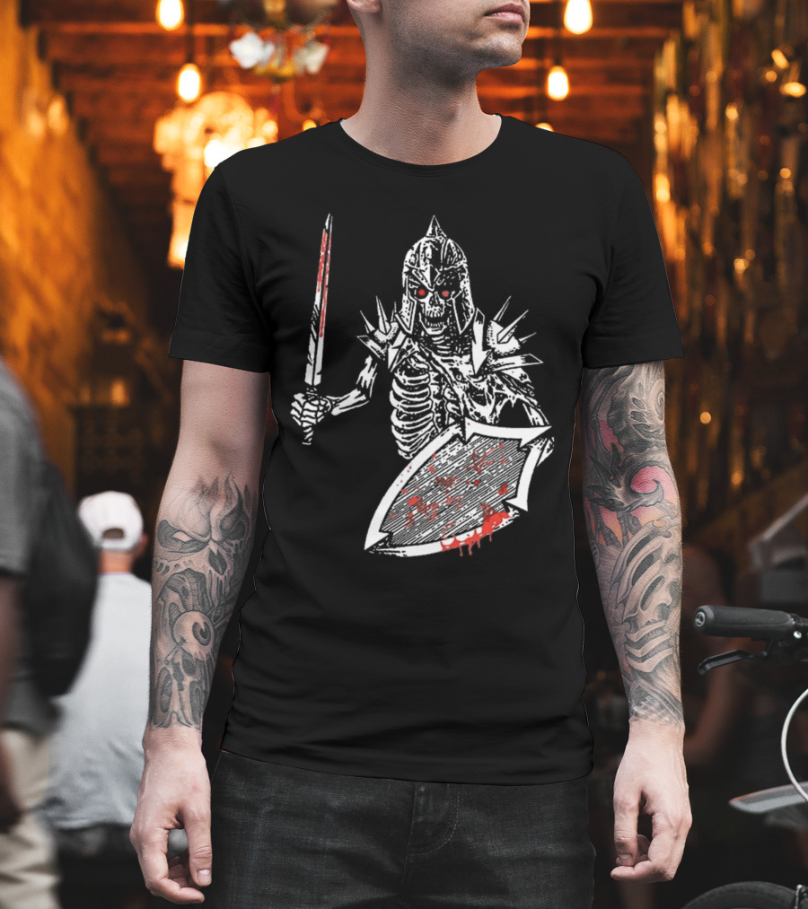 Gatecreeper Bloody Skeleton Warrior With Blood-Soaked Sword And Shield T-Shirt