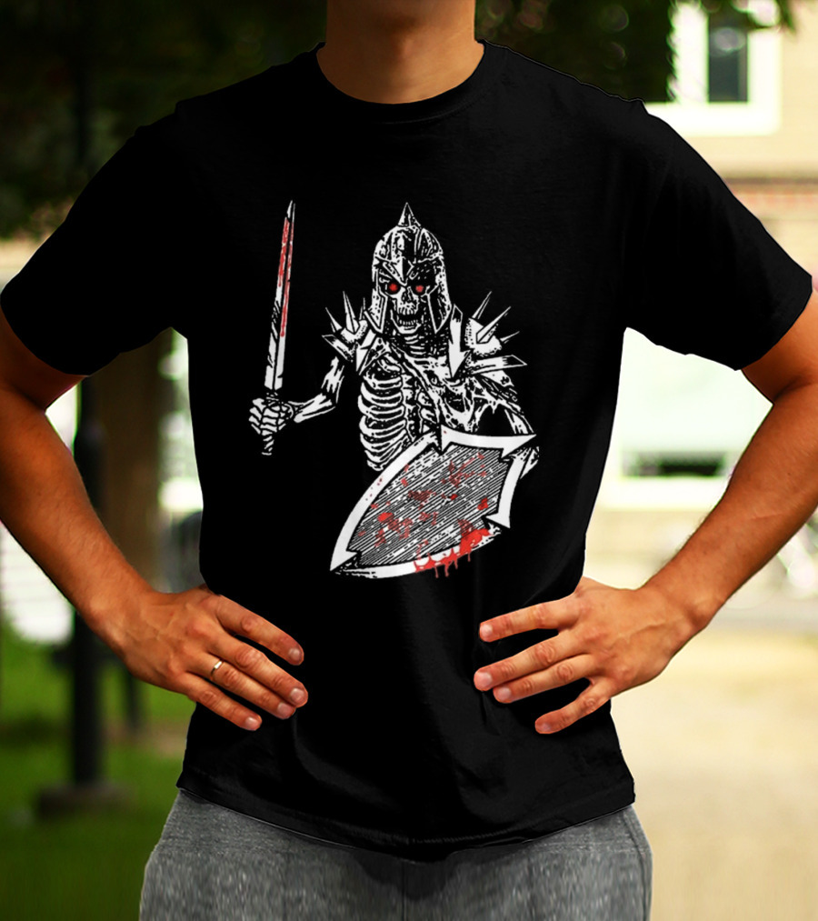 Gatecreeper Bloody Skeleton Warrior With Blood-Soaked Sword And Shield T-Shirt