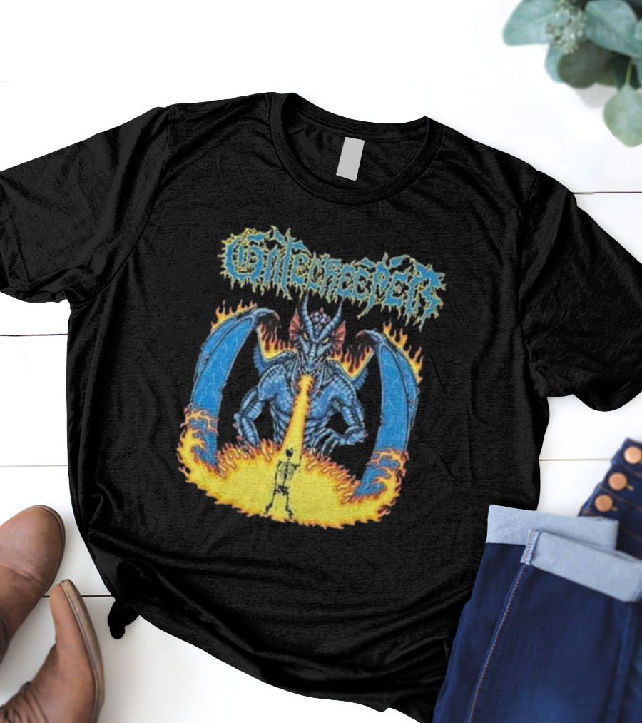 Gatecreeper Blue Dragon Breathing Fire With Fiery Surroundings T-Shirt