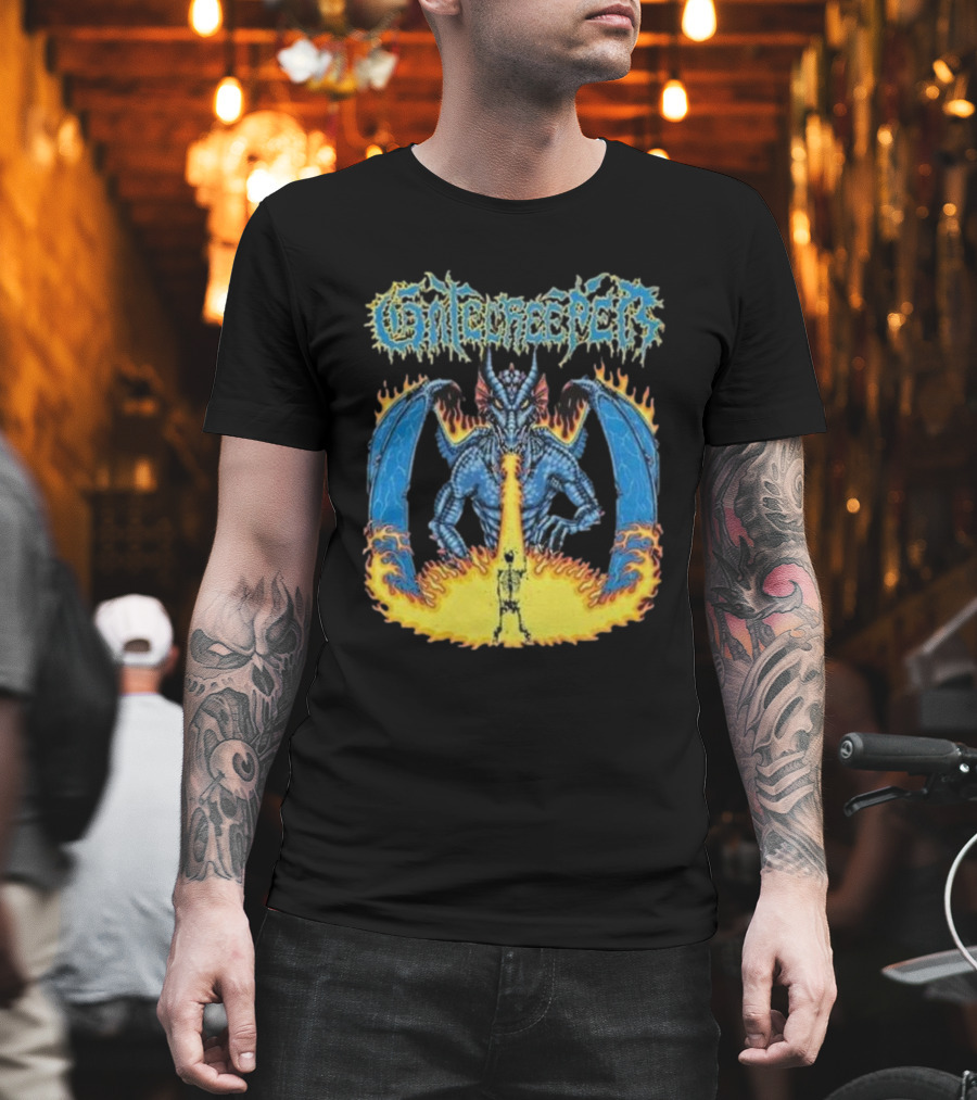 Gatecreeper Blue Dragon Breathing Fire With Fiery Surroundings T-Shirt