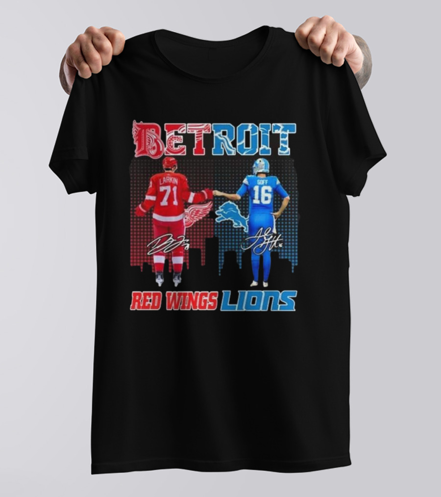 Larkin 71 Detroit Red Wings Goff 16 Detroit Lions Signature Collaboration T-Shirt