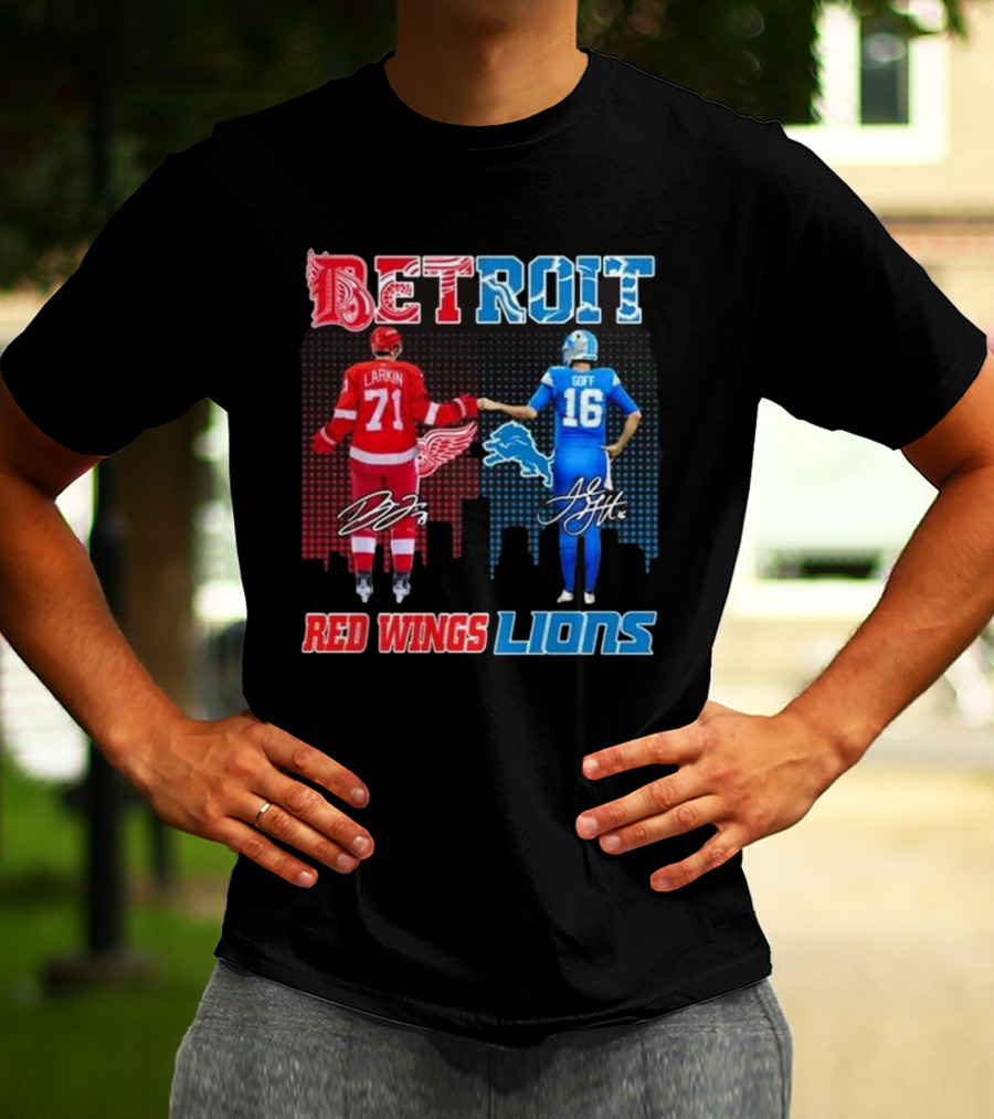 Larkin 71 Detroit Red Wings Goff 16 Detroit Lions Signature Collaboration T-Shirt