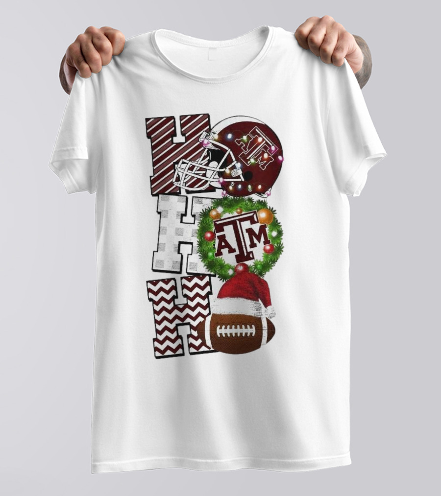 Texas A M Aggies Football Christmas Ho Ho Ho ATM Helmet Wreath Football T-Shirt