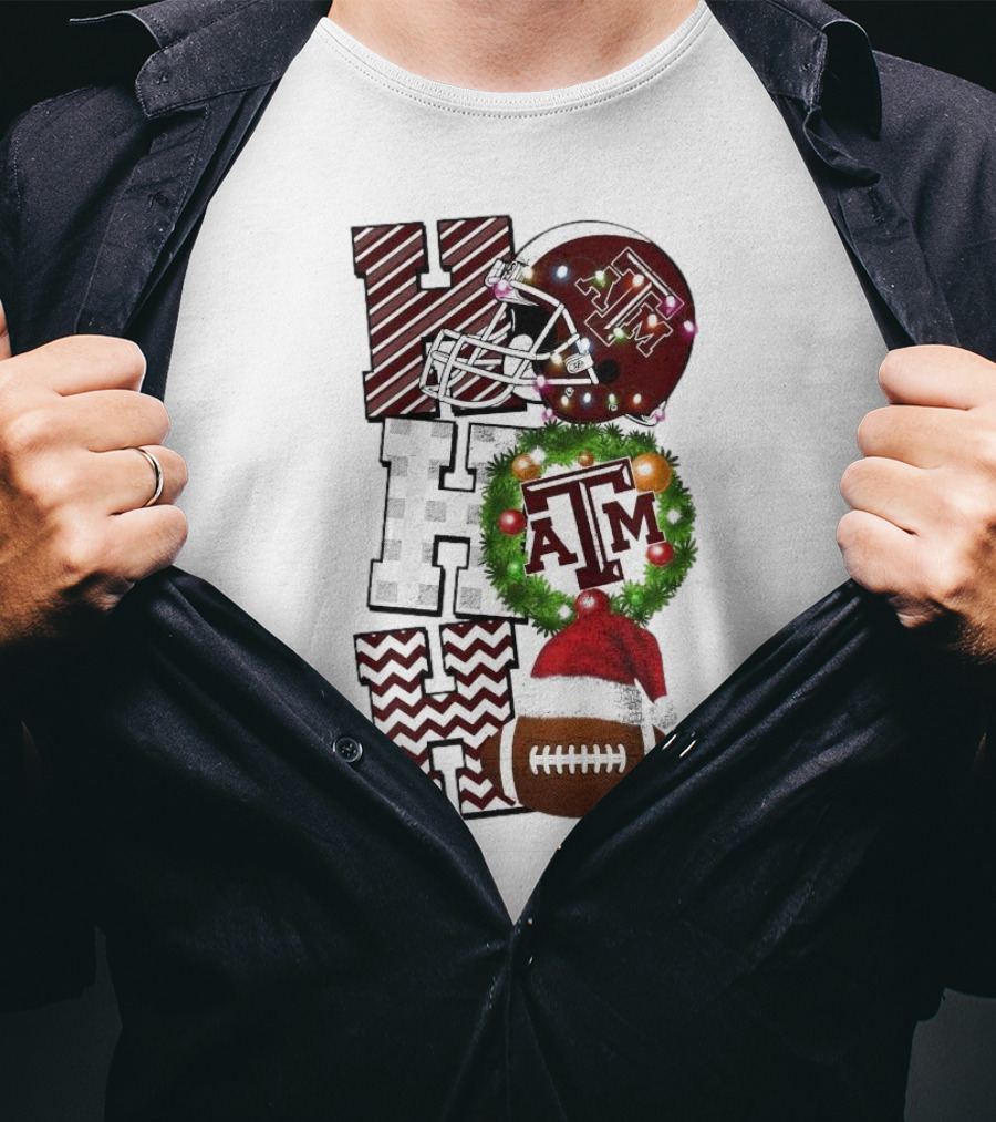 Texas A M Aggies Football Christmas Ho Ho Ho ATM Helmet Wreath Football T-Shirt