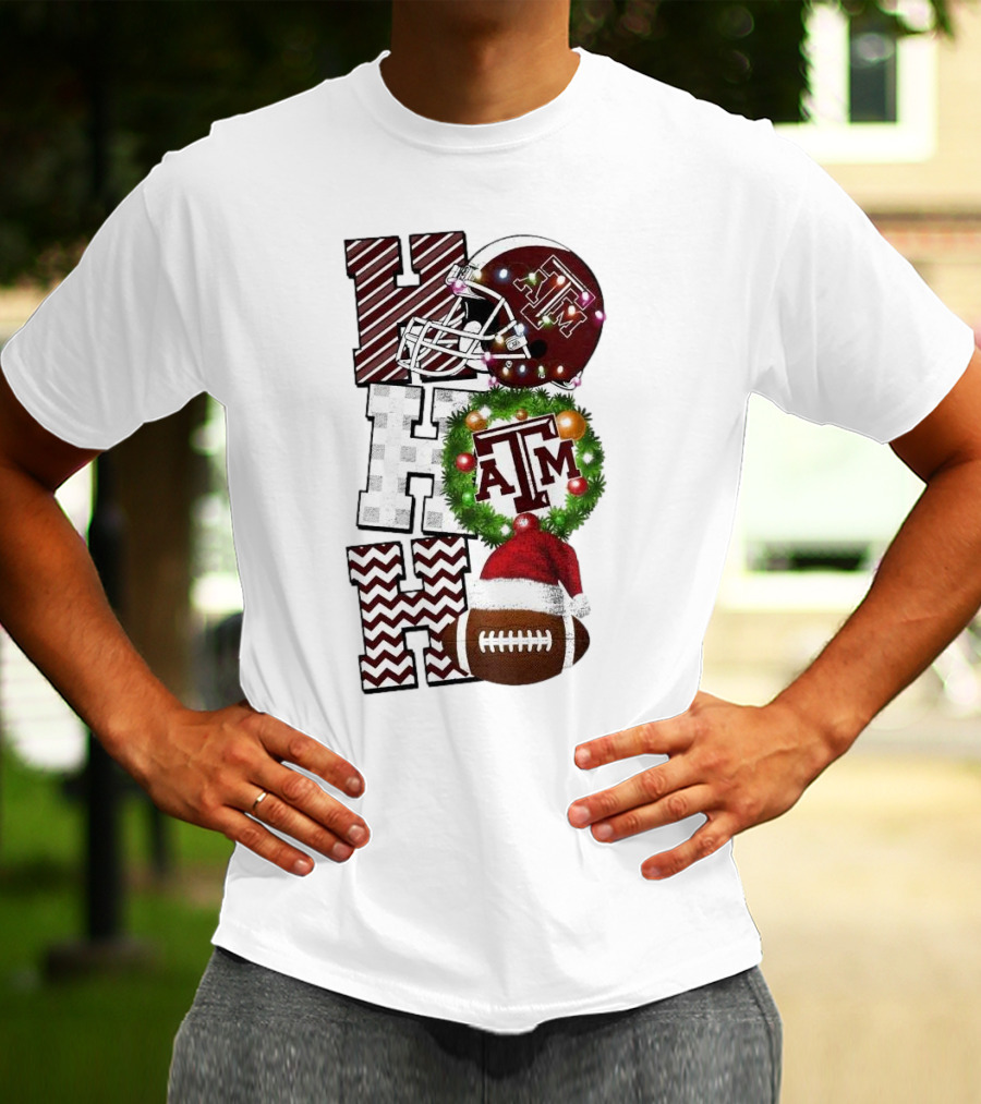 Texas A M Aggies Football Christmas Ho Ho Ho ATM Helmet Wreath Football T-Shirt