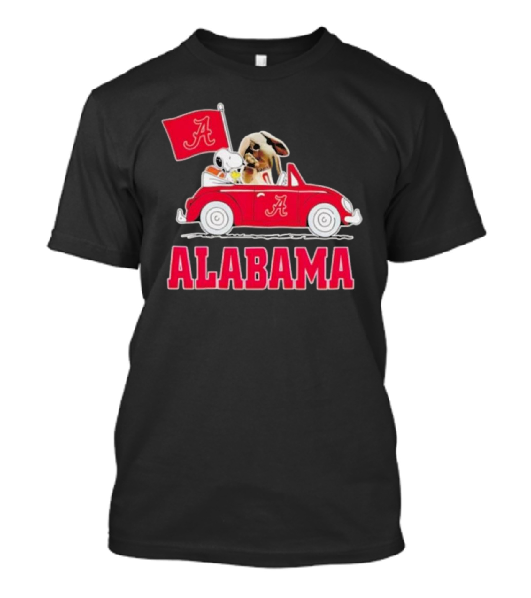 Snoopy And Big Al Driving Red Car With Alabama Flag Crimson Tide T-Shirt