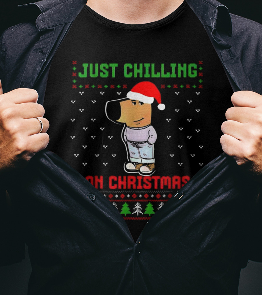 Just Chilling On Christmas Ugly Sweater Santa Hat Dog T-Shirt